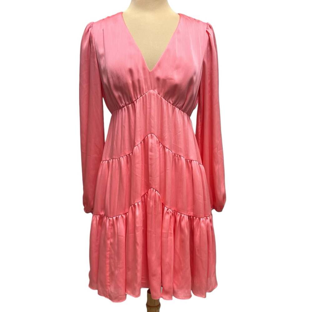 Trina Turk Make Merry Dress Pink Satin Tiered Long Sleeve V-Neck Mini NWT Size L